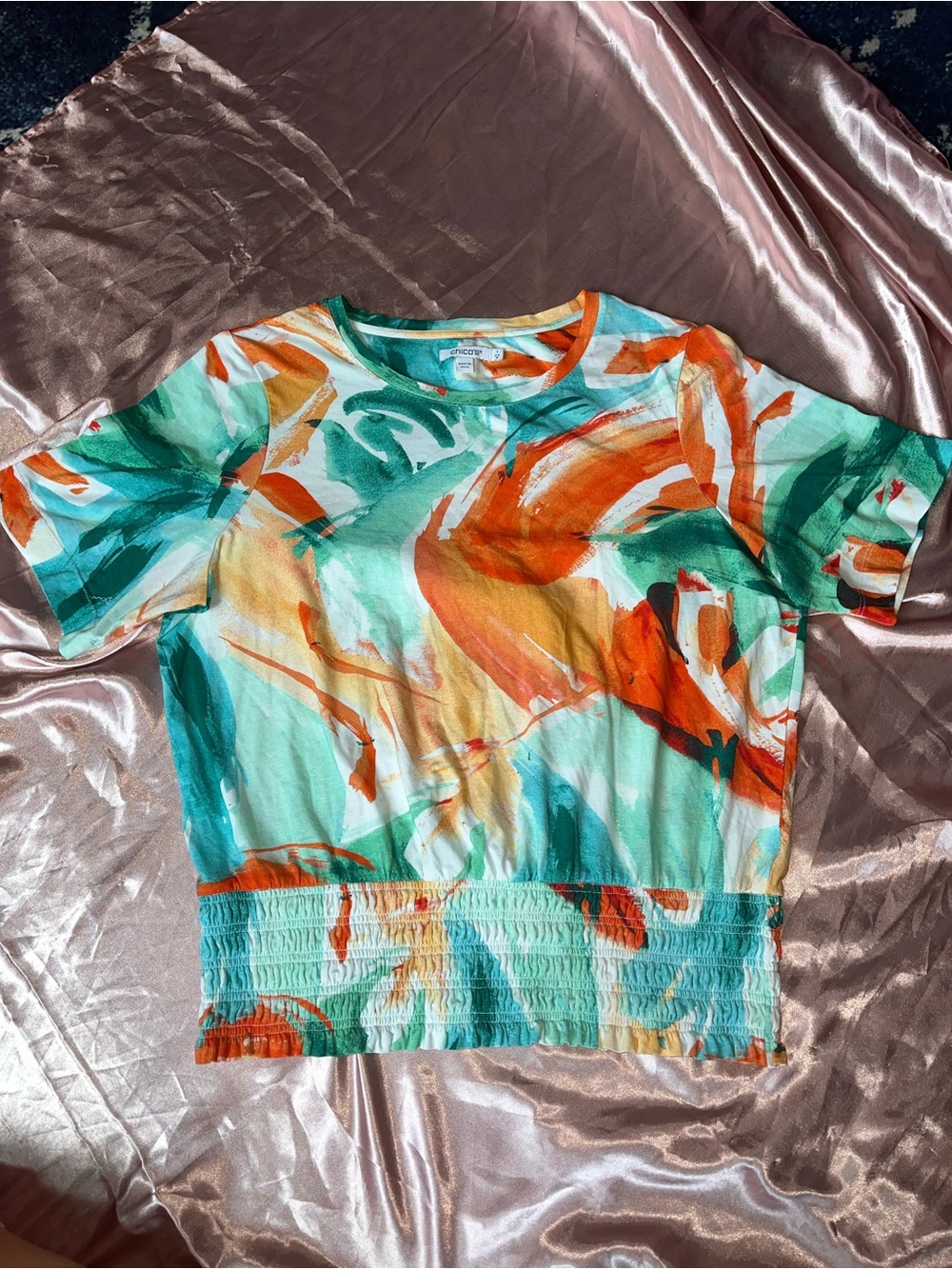 Chico's Teal, Orange & White Abstract Scoop Neck Top
